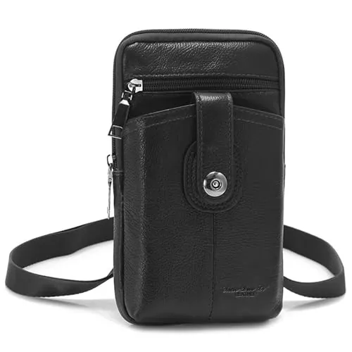 Hwtcjx Bolso Teléfono Movil, Bolsa Molle para Móvil, Cuero Genuino Bandolera Bolsa Cintura Hombre, Pouch Molle, Riñonera Trabajo, Hombres Bolsa de Hombro Embrague (Negro, 20 x 13 x 2 cm)