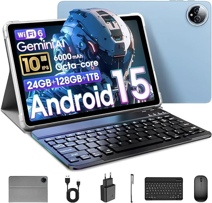Raemond 10 pulgadas 15 Tablet con teclado,24GB RAM + 128GB ROM(1TB TF)T615 Octa-Core, Pantalla HD IPS 1280x800 Cámara doble 5MP + 8MP, 6000mAh,Gemini Ai Widevine L1, GPS, GMS, Altavoces dobles (Azul)