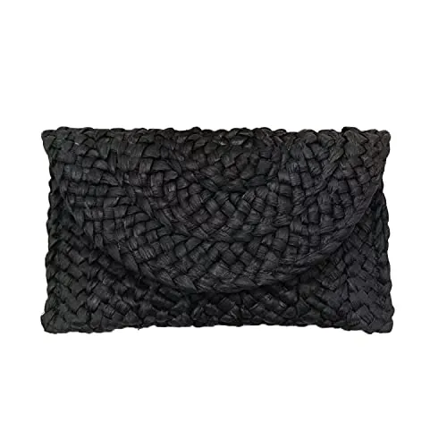 Syrads Bolso de mano de paja de noche para mujer Bolso de playa de verano Bolso de sobre tejido de paja,Negro