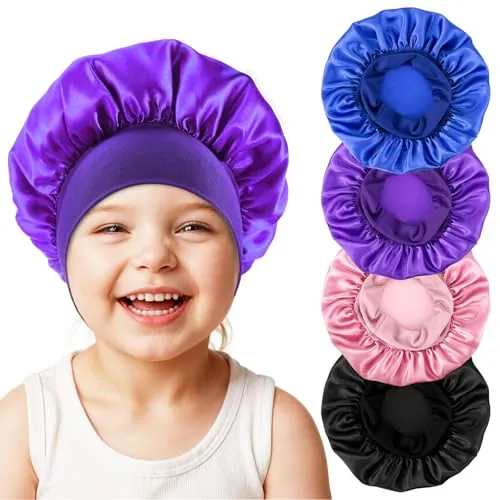 KFHENSOMR Capó de seda para niños, 4 unidades de gorro de seda para niños, gorro de satén de seda suave para niños pequeños, gorro de seda elástico para dormir para niñas (azul real, burdeos, negro y