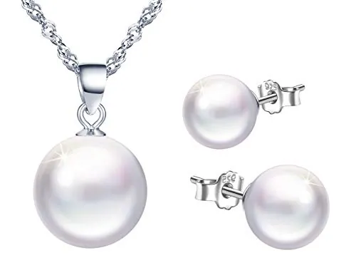 Yumilok Collar y Pendientes de Plata esterlina 925 para Mujer niña, joyería de Perlas, aretes de Perlas, Juegos de Joyas, Regalo de cumpleaños de Navidad