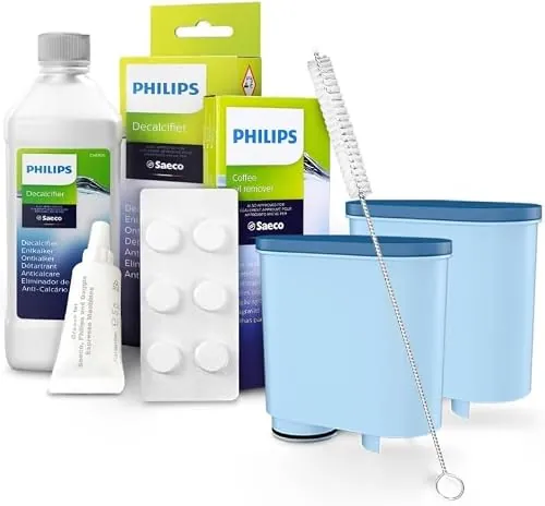 Sillar Kit Mantenimiento para Cafeteras Philips y Saeco – Descalcificador 250 ml, Desengrasante CA6704/10, Grasa HD5061, 2 Filtros Sillar CA6903, Cepillo de Limpieza