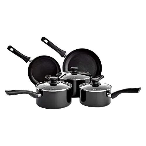 Amazon Basics Juego de Utensilios de Cocina de Inducción Antiadherente, 5 Unidad, Aluminio, con Tapas, Negro