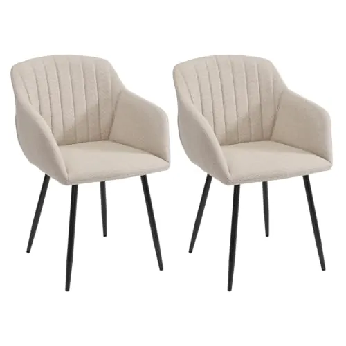 Goeurvant Pack de 2 Sillas de Comedor con Reposabrazos, Sillas Tapizadas de Lino con Patas Metálicas, Modernas Sillón para Salón y Cocina, Beige