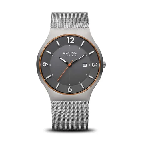 BERING 14440-073 Reloj solar para hombre con caja de acero inoxidable de 40 mm con acabado en gris y esfera gris, correa milanesa, cristal de zafiro y resistencia al agua de 5 ATM