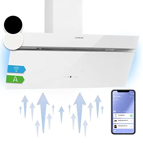 Klarstein Alina Campana Extractora - 90cm Decorativa, 615 m³/h, Control Táctil & Smartphone, LED, Clase A, 54 dB, Recirculación, Filtros de Carbón, Blanco