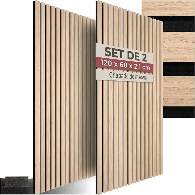 tectake® Paneles Acusticos Decorativos MDF, Chapa de Madera Real, Excelente Acústica, Tejido de Fieltro y Madera, Insonorización Acústica Pared - 60 x 120 x 2,1 cm 2 Paneles Roble Claro