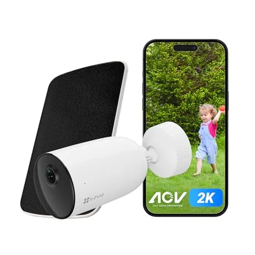 EZVIZ CB3 Kit Cámara de Vigilancia WiFi Exterior con Panel Solar,2K Cámaras WiFi con AOV Modo(Modo Siempre Activo),Visión Nocturna en Color,Batería Incorporada,Detección Humana PIR,Audio Bidireccional