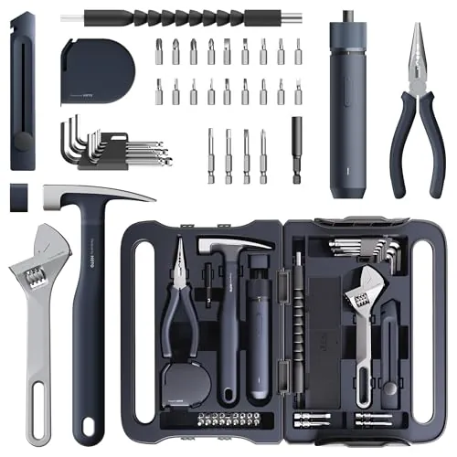 HOTO Kit Herramientas 40 Piezas - Caja de herramientas completa con destornillador electrico (LED, 3 par) + 14 herramientas y 26 accesorios，Organizador profesional para hogar y bricolaje