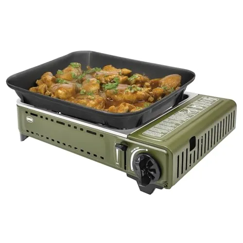 Amig - Camping Gas - Cocina Portátil - Kit Hornillo Grill - Parrilla Fundición Aluminio + Plancha con Tapa Cocción - Bandeja Recoge Grasas de Acero Inoxidable - 1,8 Kw Potencia - Cartuchos B-250