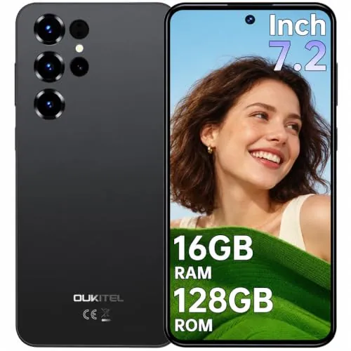 OUKITEL C68 Telefonos Moviles Libres 2026, 16GB +128GB/TF 1TB Android 15 Smartphone, Cámara 64MP+8MP, Batería 6000mAh, 7.2" HD+ 120Hz Pantalla Teléfono Inteligente, Dual SIM/Face ID/Fingerprint, Negro