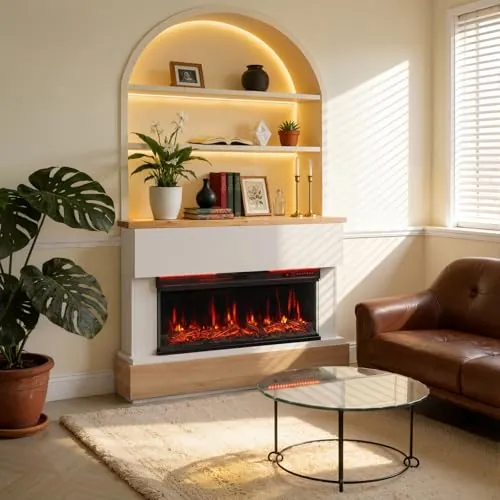 HOMAVO 36" Chimenea Eléctrica con Calefacción, 1000W/2000W Chimenea Decorativa, 12 Colores de Llama 3D, Control Remoto, Incluido Mueble Chimenea, con Tira de LED
