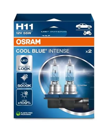 OSRAM COOL BLUE INTENSE H11, +100% más de brillo, hasta 5.000K, lámpara de faro halógena, aspecto LED, caja plegable colgante (2 lámparas)