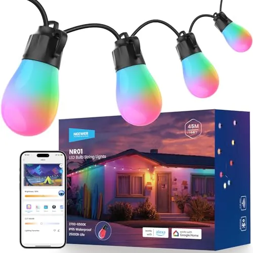 NEEWER Guirnalda Luces Exterior 45M RGB IC Blanco Control App,45 Bombillas IP65 Impermeable 50+ Escenas Decoración Patio Balcón Jardín Compatible Alexa Google, NR01