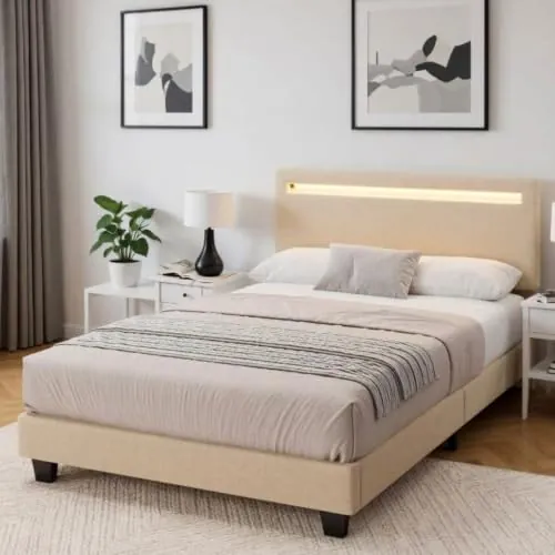 Blishom Cama Individual 120x200 cm con Iluminación LED Regulable y Esta, Cabecero Tapizado, Bastidor de Hierro Resistente, Ahorra Espacio, Ideal para Dormitorios y Habitaciones de Invitados, Beige