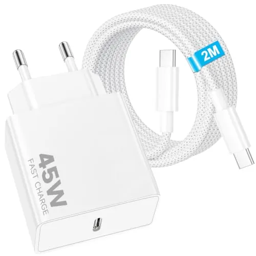 45W Cargador Carga Rapida for iPhone 18 17 16 15/Pro/Pro Max/Plus/Duo/Air/17e, iPad Pro, Cargador USB C Carga Rapida Tipo C Adaptador Corriente USB C con Nailon Trenzado Cable USB C 2M