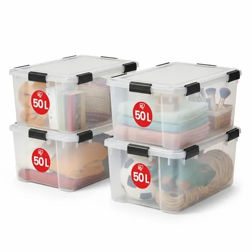 Iris Ohyama 4 Cajas herméticas de plástico con tapa y cierres a presión, 50L, Transparente, sello impermeable, apilables, antipolvo, para ropas, camping, exteriores, cubo de almacenaje, box, AT-L
