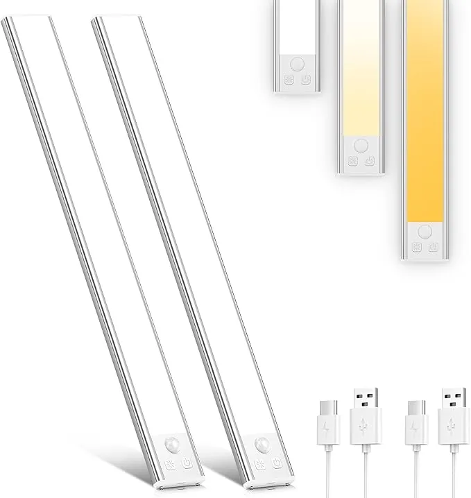 OUILA Luz de Armario con Sensor Movimiento,41CM Recargable Luz Nocturna con temperatura de 3 colores,Regulable Lampara LED Adhesiva para Gabinete, Pasillo, Escalera, Sótano, Cocina, Garaje-2PCS
