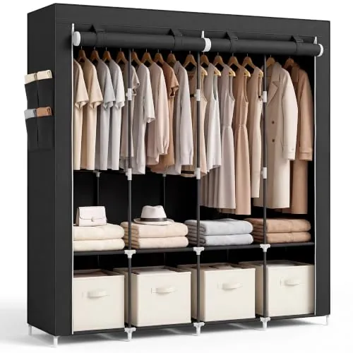 JUPPLIES Armario de Tela Portátil 45x168x168 cm – Ropero Plegable con Cremallera, Barras para Colgar y Estantes – Armario de Dormitorio Resistente y Montaje Fácil (Talla L)