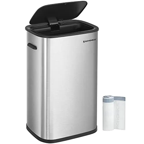 SONGMICS Cubo de Basura de Cocina 50 L, Basurero con Tapa con Sensor, Cierre Suave y Anilla de Sujeción de Bolsas, Acero Inoxidable, 15 Bolsas Incluidas, Plata LTB610E50