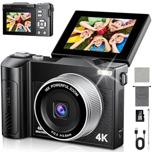 Cámara de Fotos 48MP 4K Cámara Digital Compacta con Zoom 16X 2,8" LCD Compacta Portátil Cámara con Tarjeta 32GB para Niños Principiantes Adulto (Negro)
