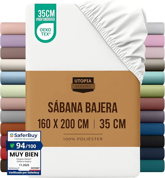 Utopia Bedding Sabana Bajera 160x200 - Blanco - Certificado Oeko Tex - Bolsillo Profundo - Microfibra de Poliéster Cepillado (Cama 160)