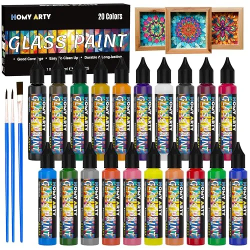 HOMY ARTY Pintura para Cristal 20 x 30 ml con 3 Pinceles Pintura Vidrio