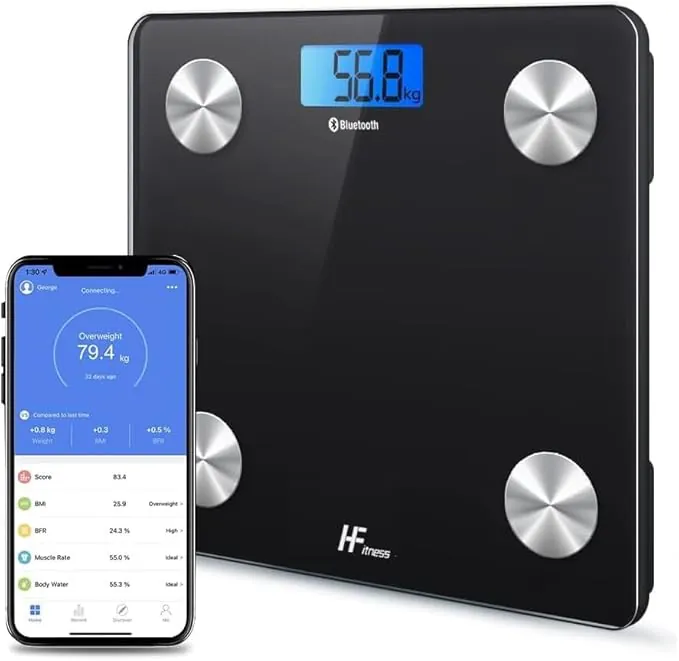 HomeFashion HFitness Báscula de Baño Digital 19 Indicadores de Composición Corporal, 28×28 cm Negra Báscula Inteligente con App, Análisis de Grasa y Masa Muscular, Peso e IMC para Fitness