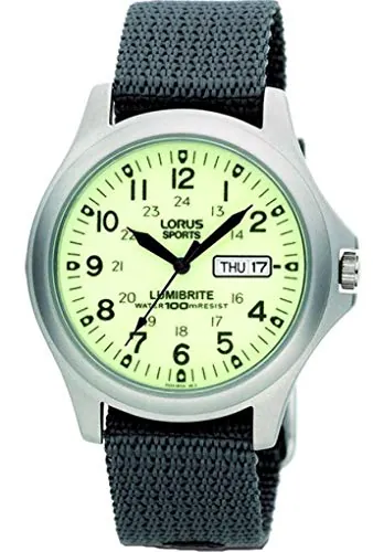 Lorus, RT317EX9, Lumibrite, reloj analógico para hombre, con fecha y día, correa de nailon gris.