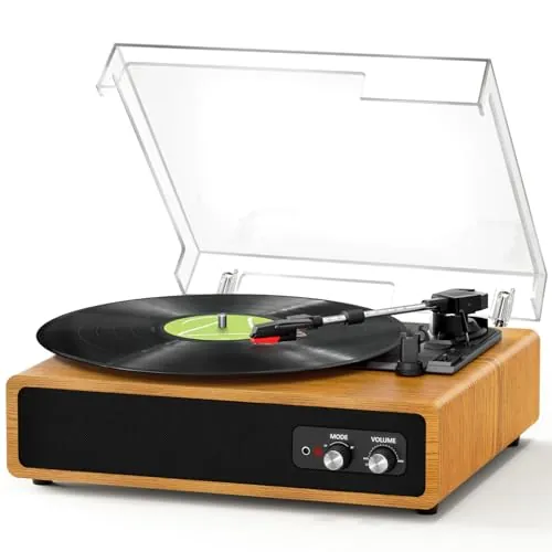 FYDEE Tocadiscos de Vinilo Bluetooth Portátil con 2 Altavoces Estéreo Integrado, 3 Velocidades (33/45/78 RPM), Transmisión y Recepción Bluetooth, Reproductor Retro con Soporte RCA y AUX - Tierra