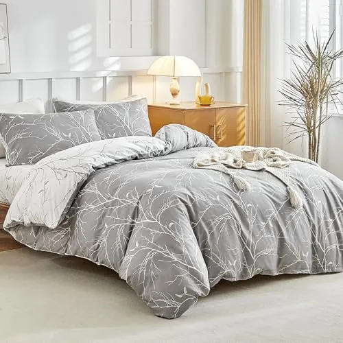 Tokokimo Funda Nórdica Cama 135/150 de 4 Piezas, Microfibra Funda Nordica 220x240 con Bajera Ajustable 150x200+35, 2 Fundas de Almohada 50x75, Ramas y Hojas Patrón, Gris/Blanco