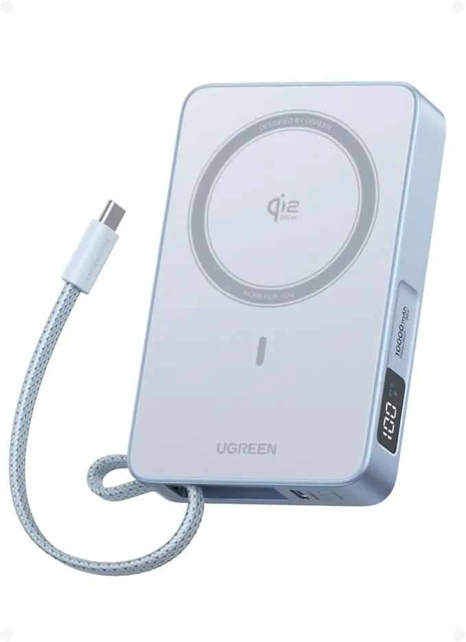 UGREEN Magflow Qi2 25W Power Bank 10000mAh con Inducción Magnética y Carga Rápida Banco Energía con Cable USB C Integrado 30W Compatible con Magsafe iPhone 17 Pro MAX Air 16 15 14 13 12 (Azul)