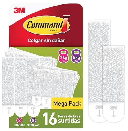 Command Tiras Adhesivas para Colgar Cuadros, 8 Pares de Tiras Medianas y 8 Grandes Blancas - Para Marcos, Espejos y Otros Adornos - Colgar sin Agujeros ni Taladrar