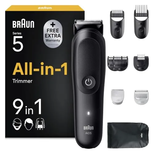 Braun Recortadora Todo en Uno Series 5, AIO5535n, Negro | Kit de Styling 9en1 para Barba, Pelo Y Cuerpo, 120 Min de Uso, Cortapelos Hombre Resistente al Agua, 7 Peines + Funda