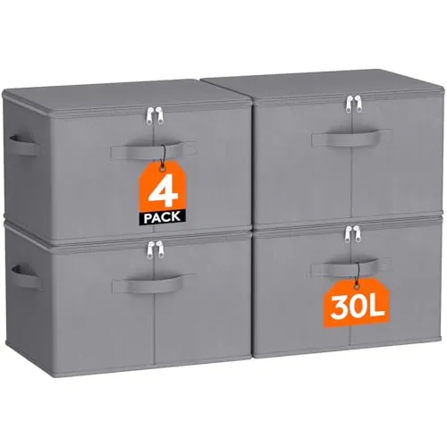 Lifewit Cajas Almacenaje con Tapa, Organizador Armario Rígido, Bolsas Almacenaje Ropa con Cremallera para Ropa y Juguetes, Gris, 40 x 30 x 25 cm, 30L, Juego de 4