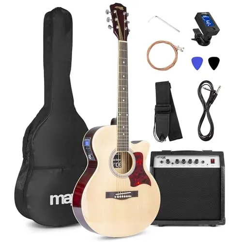 MAX Showkit - Guitarra electroacústica madera clara con amplificador extra