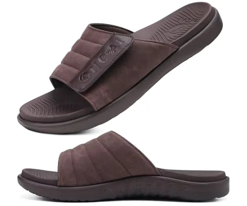 ONCAI Sandalias Hombres Correa Ajustables Ortopedia Fascitis Plantar Punta Abierta Deportivo Pantuflas Slides con Plantilla de Soporte de Arco Suave y Cómoda Marrón Talla 42