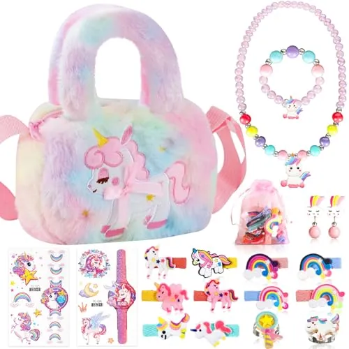 BBLTIFF Bolso Unicornio Niña, Peluche Bolsos para Niñas, Joya de Princesa Unicornio con Anillo, Collar, Pulsera, Clips para Las Orejas, Pegatinas (19 Piezas & Color Rosa)