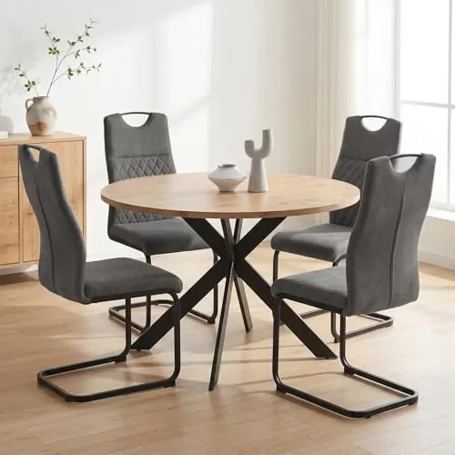 JIEXI Mesa de comedor redonda y 4-6 sillas, tablero de roble con patas de araña negras, resistente al calor, fácil de limpiar, 115 cm (roble y 4 voladizos gris)