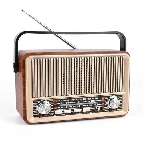 Radio Vintage Portátil Am/FM/SW con Batería Recargable y Funcionamiento a Pilas, Bluetooth, Reproducción USB/TF/AUX, Radio Antigua Vintage para Casa, Jardín y Camping