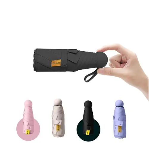 Paraguas de viaje portátil compacto de bolsillo mini para bolso paraguas para mochila pequeña UV con funda plegable para mujer, Negro -