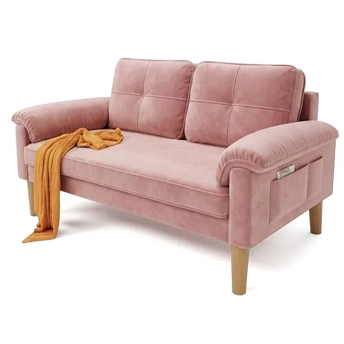 Xbro Sofá 2 Plazas con Reposabrazos y Bolsillo Lateral, Sofá Compacto de Tela para Salón, Apartamento u Oficina, Montaje Fácil, 145 x 77 x 77 cm,Rosado