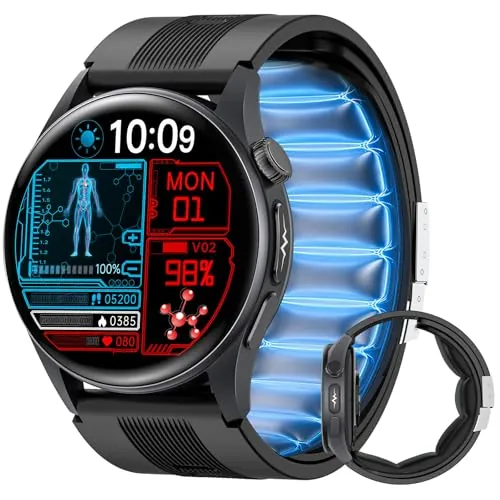 FOSMET S200 Reloj Inteligente Hombre Presión Arterial con Bomba de Aire, 1.56" AMOLED Smartwatch con 24H ECG, HRV, SpO2, Frecuencia Cardíaca, Sueño, Estrés, Llamadas Bluetooth con Android e iOS Negro