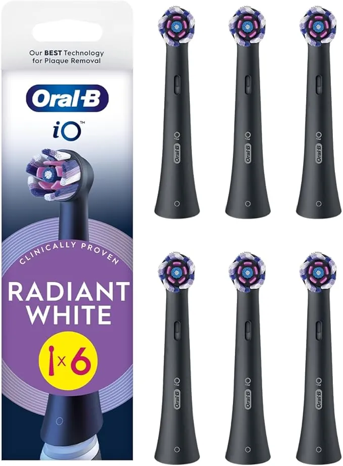 Oral-B Series iO Radiant White Cabezales De Recambio Originales, Pack de 6 Recambios Negros Para Cepillos De Dientes Eléctricos Oral-B iO, Blanqueamiento Dental, Eliminación De Manchas