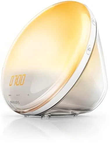 PHILIPS HF3519/01 Despertador de luz con simulación del amanecer, Radio FM y lámpara de lectura, 5 sonidos naturales, Alarma diferida, Blanco