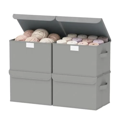 GUOHNHE Juego de 4 Cajas de Almacenamiento con Tapa, 26x20x17 cm, Gris | Cestas y Contenedores de Tela Plegables con 2 Asas para Estantes, Organizador de Armario Ideal para Dormitorio