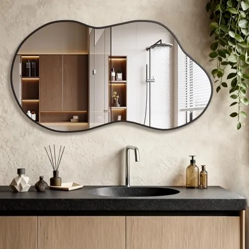 NEUWEABY Espejo de Pared Irregular, Espejo asimétrico en Forma de Nube 67x115 cm Espejos de Cuerpo Grandes y únicos para el baño Espejo Negro para el baño salón y la Entrada