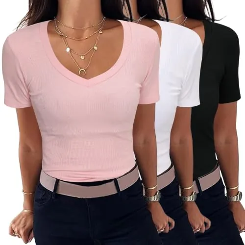 Aottori Pack 3 Camisetas Mujer Manga Corta Negro+Blanco+Rosa XXL