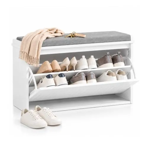 SoBuy Banco zapatero estrecho para recibidor, abatible, 6 pares, 80 cm | Paso libre, balda ajustable, calzado EU46, asiento 150 kg, cojín gris extraíble y lavable, FSR98-L-W