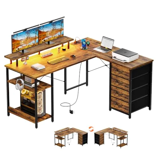 YOUDENOVA Escritorio con 4 Cajones, 142x107cm, Escritorio Esquinero Reversible con LED y Enchufe, Escritorio Gaming en L con Soporte para Monitor Mesa Escritorio para Home Office y Gamer, Brun Vintage